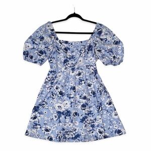 Women’s Floral Blue Puff Sleeve Dress Cottage Core Baby Doll Dress